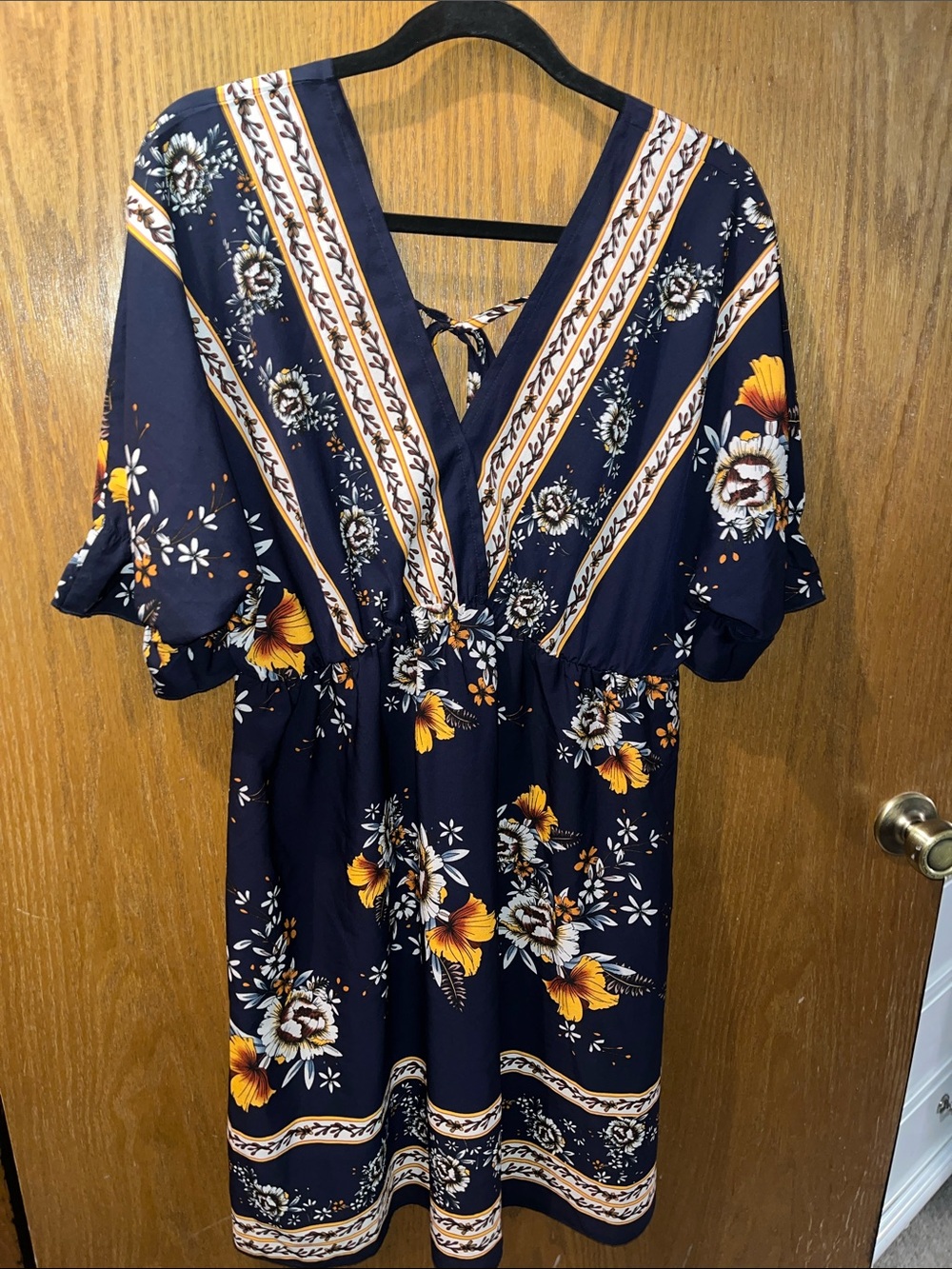 Navy Floral V-Neck Midi Dress with Yellow Accents